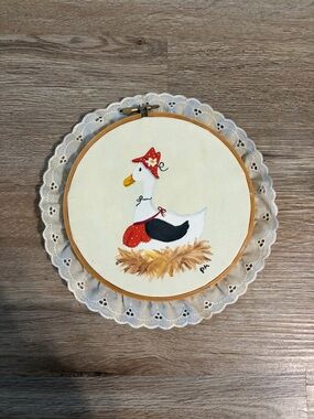 Vintage Hand-Painted Duck Hoop Art with Lace Trim - Red Accent